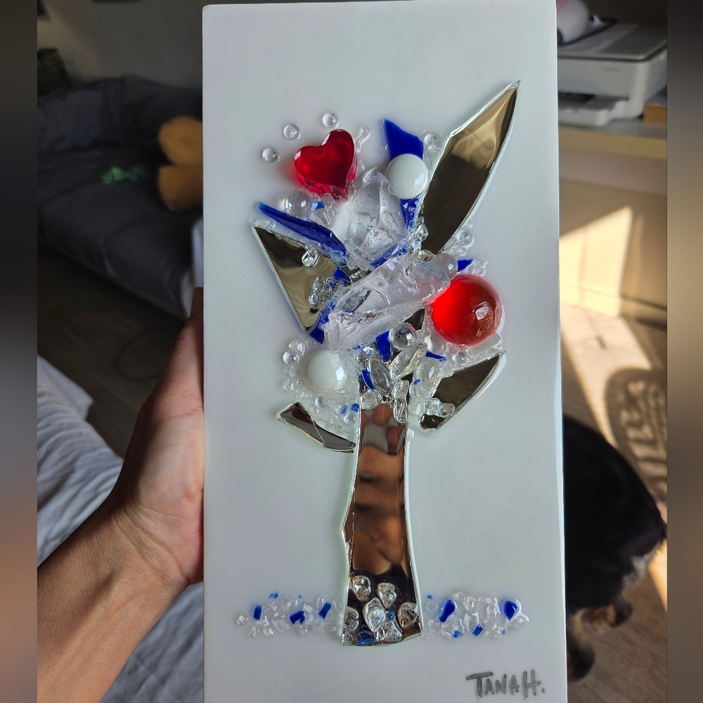 SOLD - Glass & Resin Abstract Mirror Tree (Red, White, & Blue)